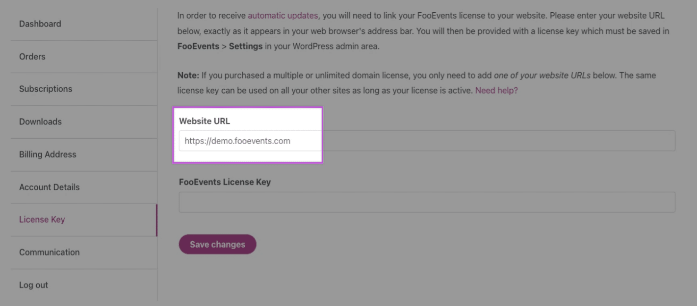 Στιγμιότυπο μιας σελίδας λογαριασμού FooEvents που δείχνει την καρτέλα License Key όπου μπορείτε να εισάγετε τη διεύθυνση URL του ιστότοπου