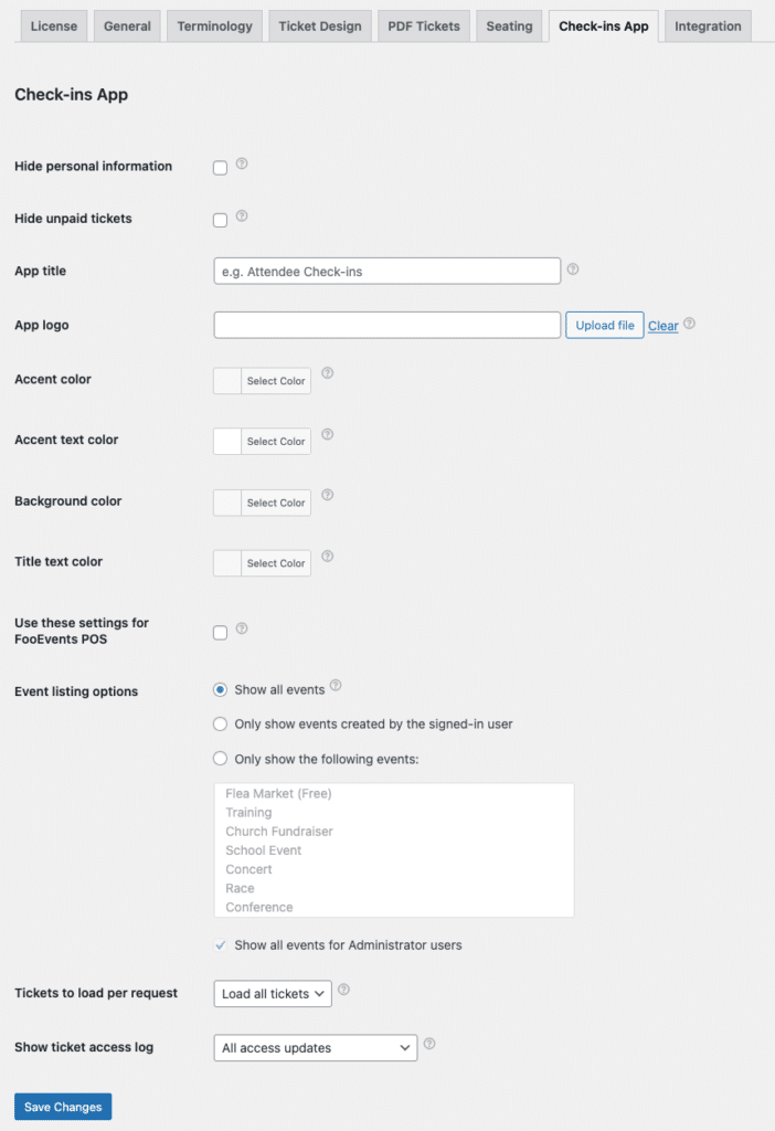 Screenshot of the FooEvents Settings - Check-ins App page