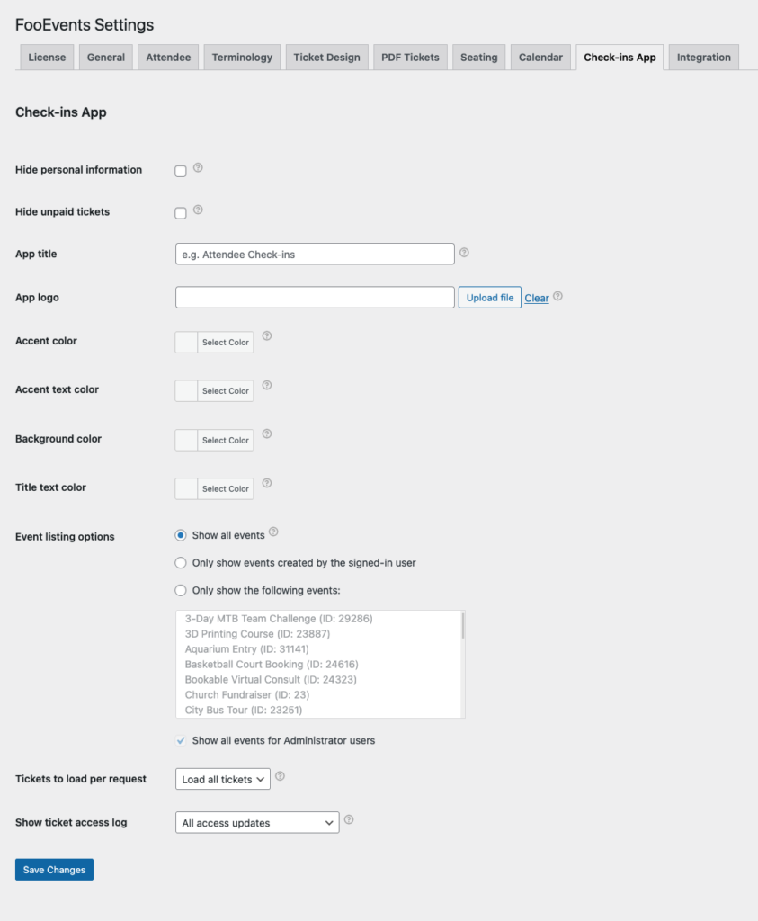 FooEvents Global Options > Check-ins app