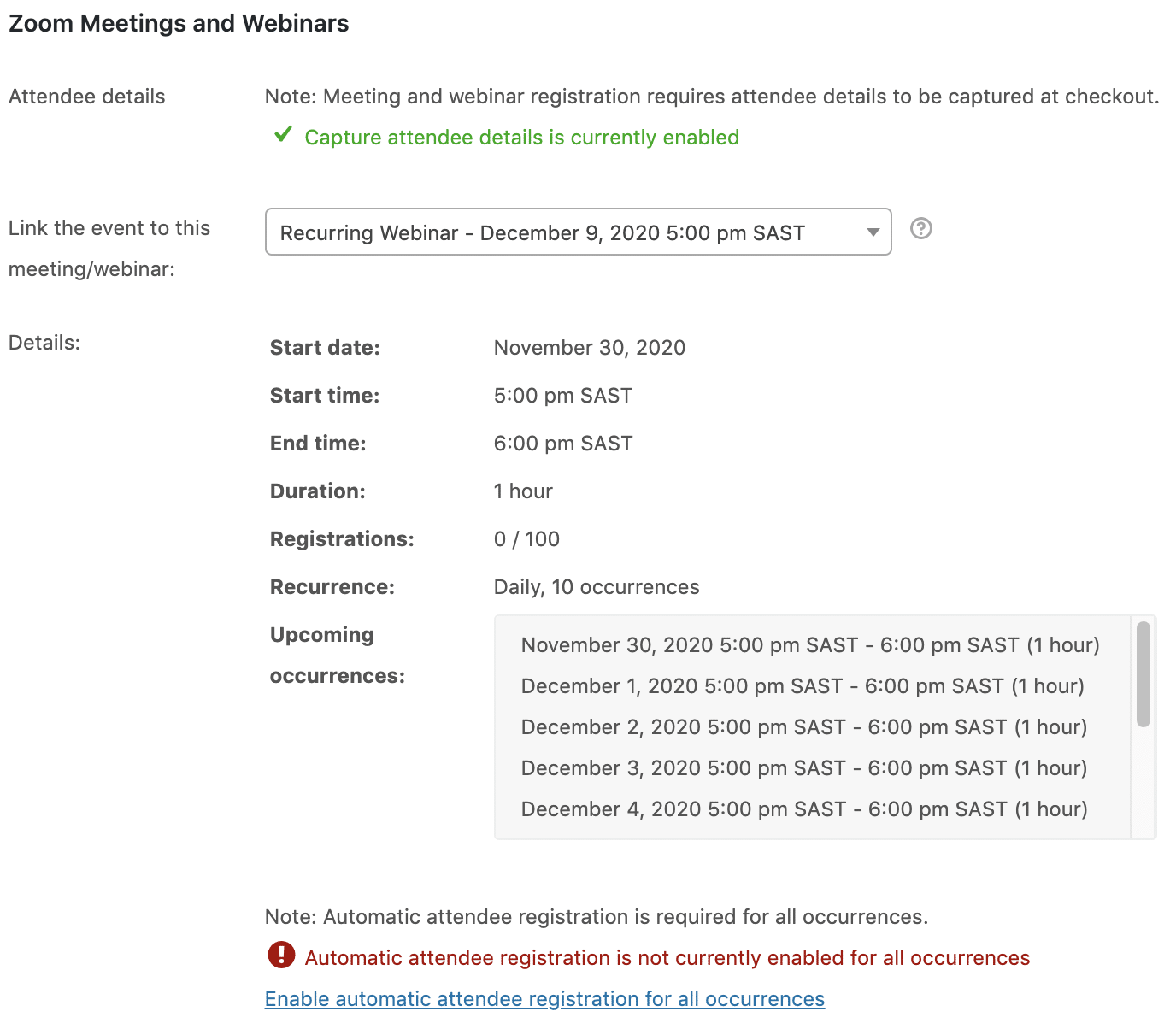 zoom registo automático de webinar recorrente desativado