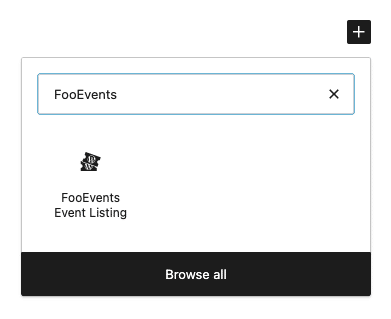 Screenshot, der zeigt, wie der FooEvents Listing Block hinzugefügt wird
