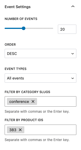 Bloco de listagem de eventos FooEvents - Configurações de eventos