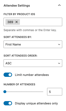 FooEvents Attendee Listing block Settings