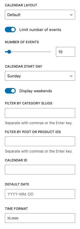 FooEvents Calendar block Settings