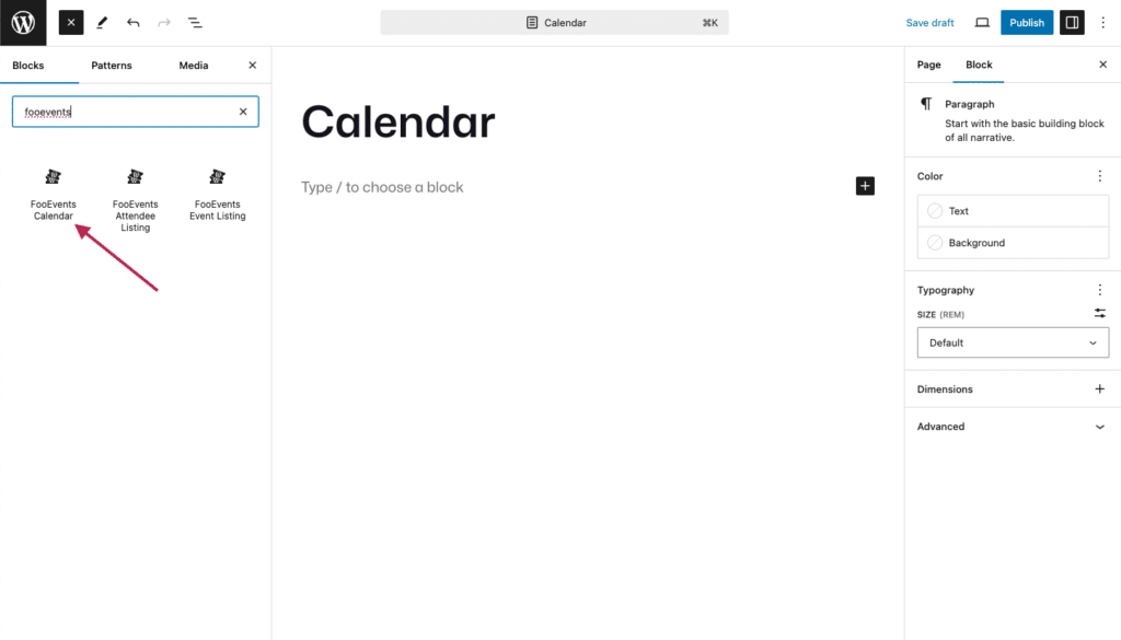 Adding the FooEvents Calendar block