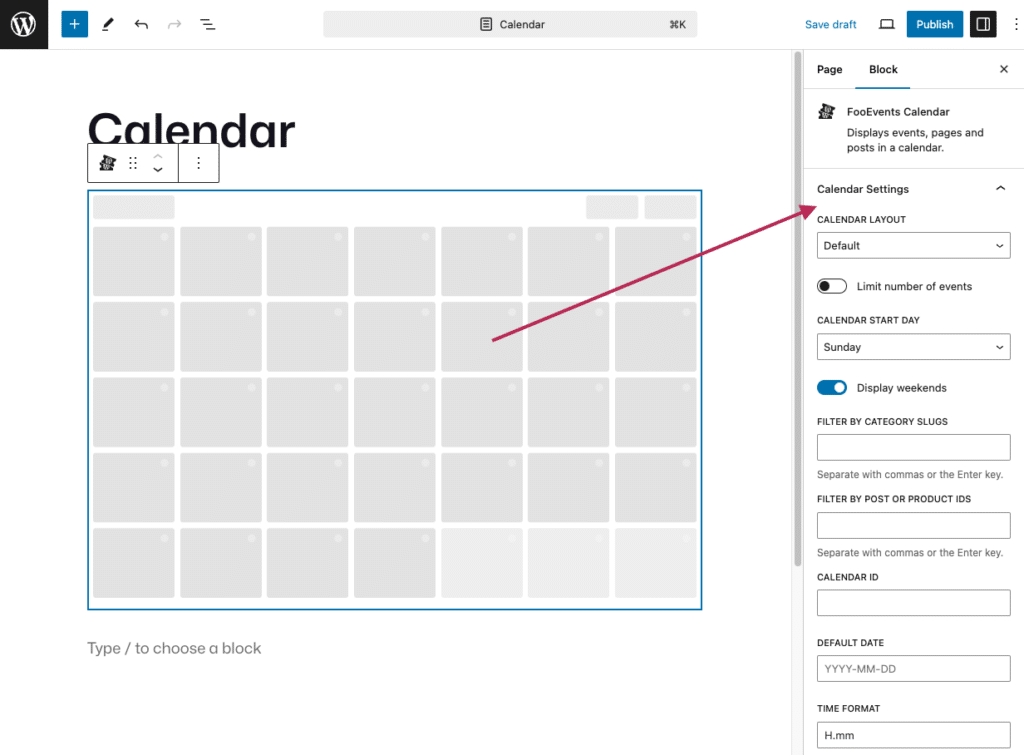 Añadir el bloque Calendario FooEvents