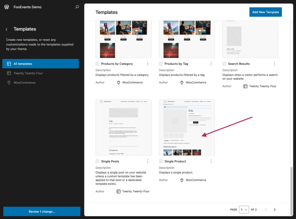 Editing the Single Product template in a block theme.