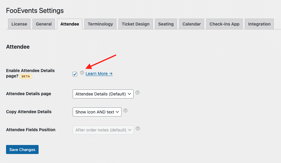 Enabled the Attendee Details Page setting