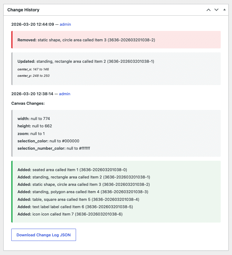 Historique des modifications apportées par Seating Chart Builder