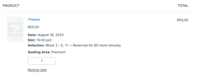 Reserved seating selections in the WooCommerce cart