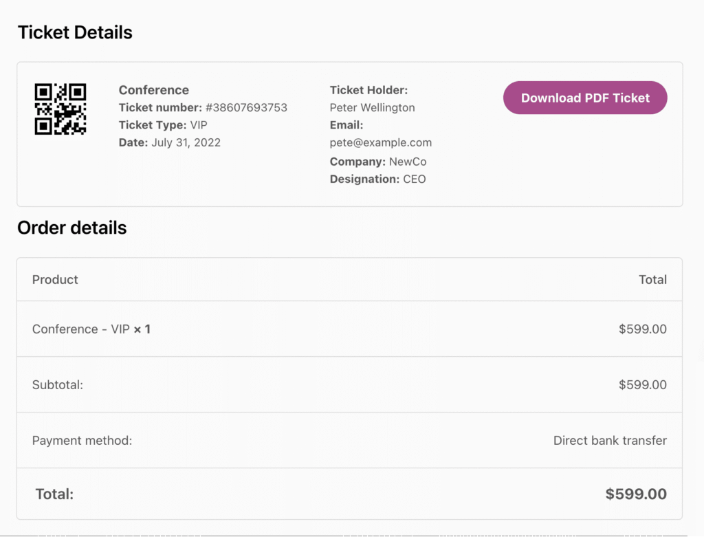 Thank you page tickets